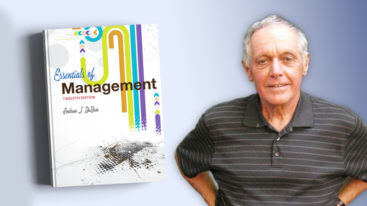 "Essentials of Management (12th Edition)" book cover and photograph of author Andrew DuBrin