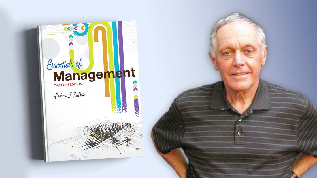 "Essentials of Management (12th Edition)" book cover and photograph of author Andrew DuBrin